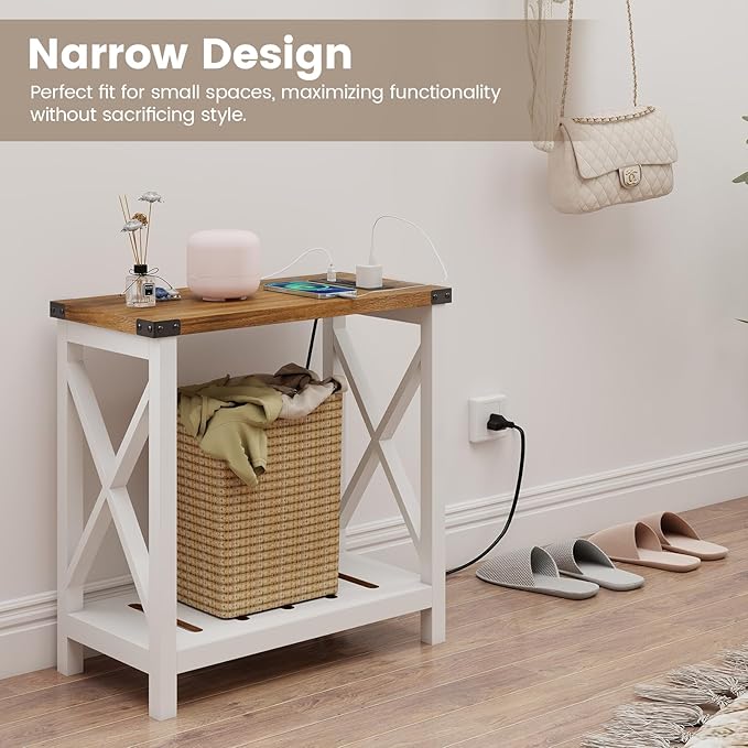 Hadulcet Farmhouse Side Table with Storage Shelf - Narrow End Table with Charging Station, Slim End Tables Living Room, Rustic X-Design Nightstand for Bedroom, Small Space, White & Brown