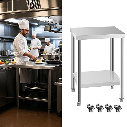 NSF Stainless Steel Table for Prep & Work with Caster 24x24 Inches, Metal Commercial Kitchen Table with Under Shelf and AdjustableTable Foot for Restaurant, Home and Hotel
