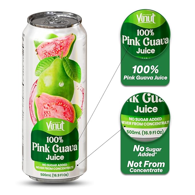 VINUT 100% Pink Guava Juice, No Added Sugar, Not From Concentrate, 16.9 fl oz (500 mL) Can, Pack of 12