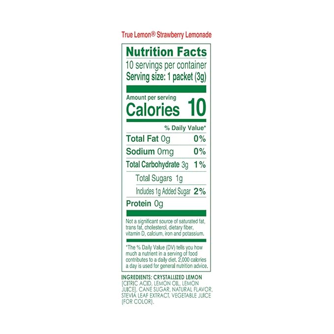 True Citrus True Lemon Strawberry Lemonade Drink Mix, Made from Real Lemons, Low Calorie, Low Sugar, Lemonade Drink Mix, 1.06 oz, 10 Count (Pack of 24)