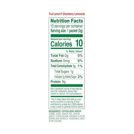 True Citrus True Lemon Strawberry Lemonade Drink Mix, Made from Real Lemons, Low Calorie, Low Sugar, Lemonade Drink Mix, 1.06 oz, 10 Count (Pack of 24)