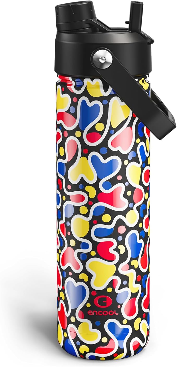ENCOOL Insulated Water Bottle with Straw Stainless Steel Water Bottle, Leak-Proof, BPA-Free, Double Wall Vacuum Keeps Cold for 24 Hours for Sports, Travel, School (26 oz, Midnight Pop)