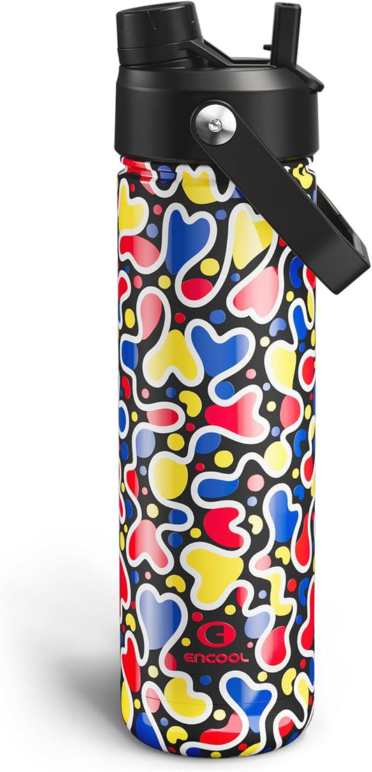 ENCOOL Insulated Water Bottle with Straw Stainless Steel Water Bottle, Leak-Proof, BPA-Free, Double Wall Vacuum Keeps Cold for 24 Hours for Sports, Travel, School (26 oz, Midnight Pop)