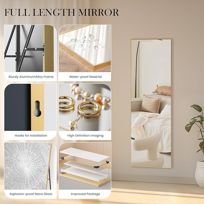 NEWBULIG Full Length Mirror, Upgraded Body Wall Mirrors with Shatter-Proof Glass, Floor Standing Mirror, Home Wall Decor