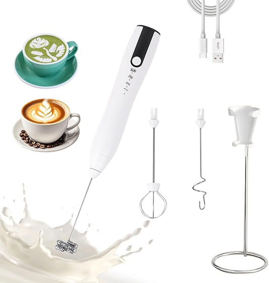 Rechargeable Milk Frother Handheld,Kitchen Essentials Hand Mixer with 3 Stainless Whisks Heads,Electric Whisk Frother for Latte, Cappuccino,Matcha, Egg, Milk Powder,with Stand (white)