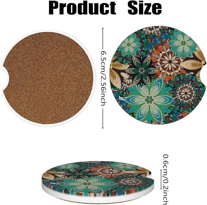 Car Cup Holder Coasters, 2 Pcs Ceramic Coasters with Finger Slot and Cork Back, Anti-Slip Shock Absorbing Women and Men Universal Car Accessories - Vintage Flower