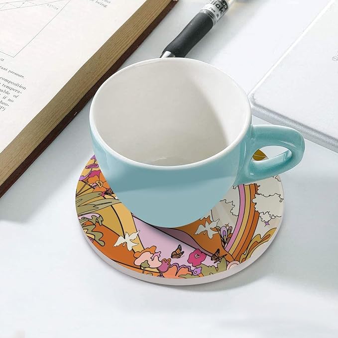 Round-6PCS Botanical Drink Coasters, Round Modern Ceramic Absorbent Coasters, Abstract Cartoon Colorful Mushroom Flower Butterfly Pattern Decor Desk Coffee Table Coaster for Beverage Cup Tea Coasters