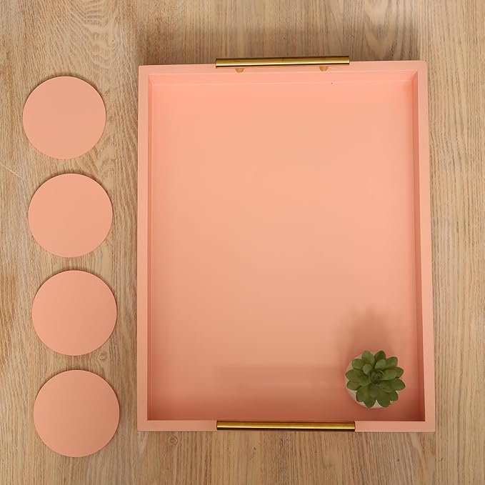 Serving Tray 16.5“X 13“Deluxe Wooden Ottoman Tray for Coffee Table with Polished Gold Metal Handles and 4 Coasters, Living Room Bathroom Coffee Bar Organizer Modern Decorative Pink Tray