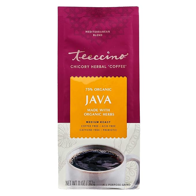 Teeccino Java Chicory Coffee Alternative - 11 Ounce - Ground Herbal Coffee That’s Prebiotic, Caffeine Free & Acid Free, Medium Roast, (Pack of 3)