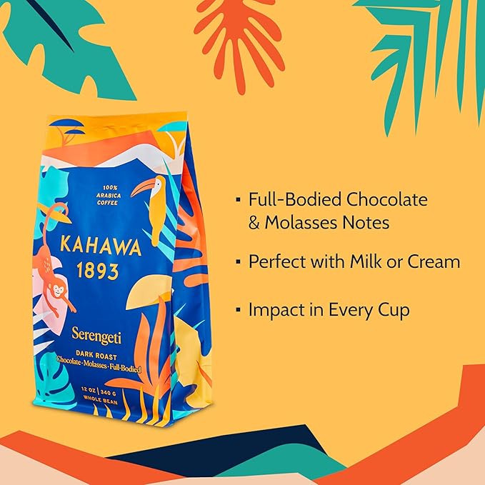 Kahawa 1893 Whole Bean Coffee Dark Roast Serengeti Blend 12 Oz - As Seen on Shark Tank, Low Acid, High Antioxidants, Naturally Sweet, Organically Grown, Ethically & Sustainably Sourced