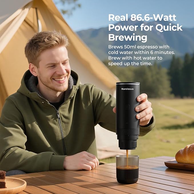 Narcissus Portable Electric Espresso Machine for Travel, 86.6 Watt 2-In-1 Travel Coffee Maker for Max 12g Coffee Powder or NS Capsules, 1.5 Pounds & 7800mAh Battery Capacity, Includes Quick Charger