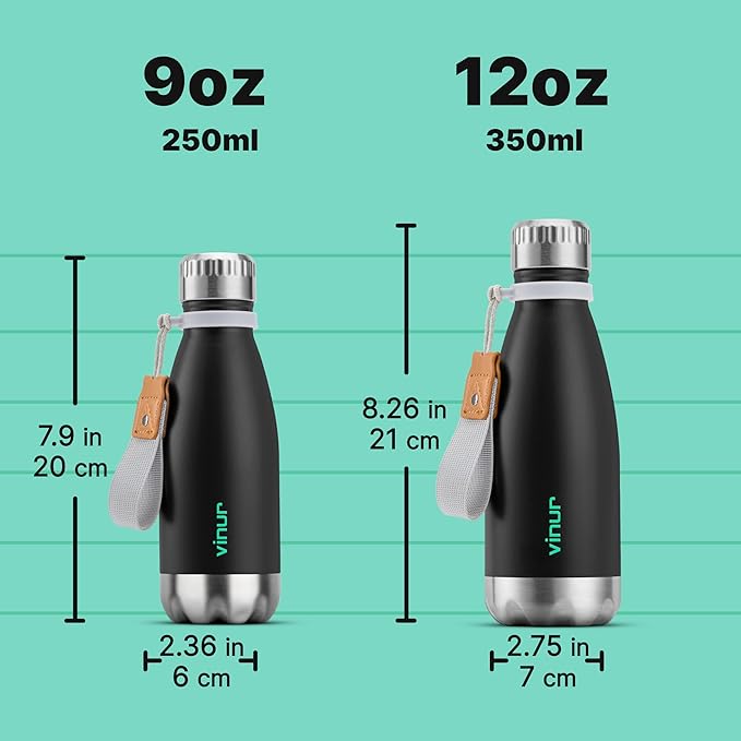 VINUR Kids Water Bottle-9 oz Stainless Steel Double Wall Vacuum Insulated Water Bottle for School-Cola Shape Flask with Carry Rope(Black)
