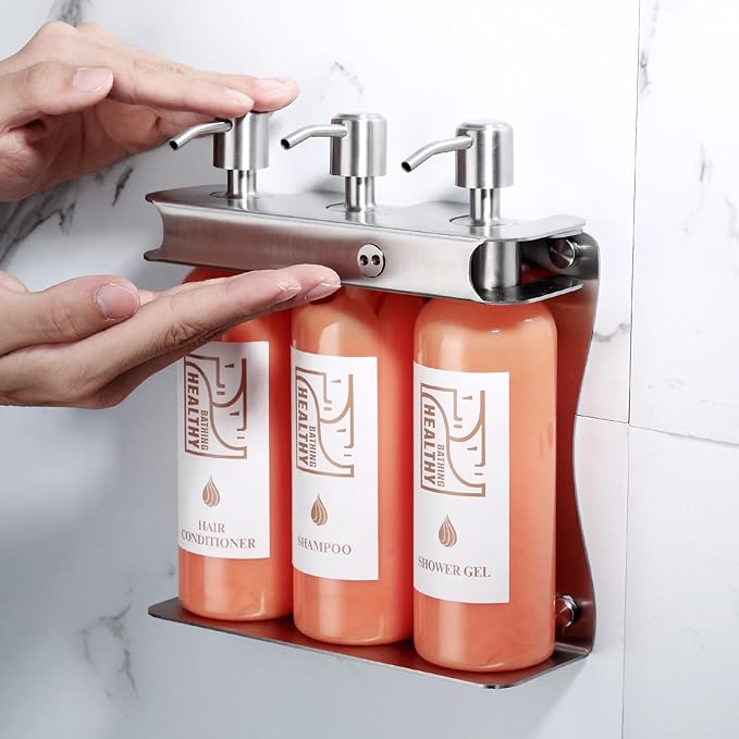 Brushed Silver Shampoo, Conditioner, Body Wash Dispenser Eco-Friendly 3 Compartment Refillable Shampoo and Conditioner Pump Bottle, Wall Mounted Slot Shower Soap Dispenser (KCLS-3)