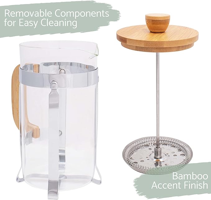 Elanze Designs Natural Woodgrain 0.6 Liters Glass Chrome Plated Bamboo Wood French Press Coffee and Loose Leaf Tea Maker