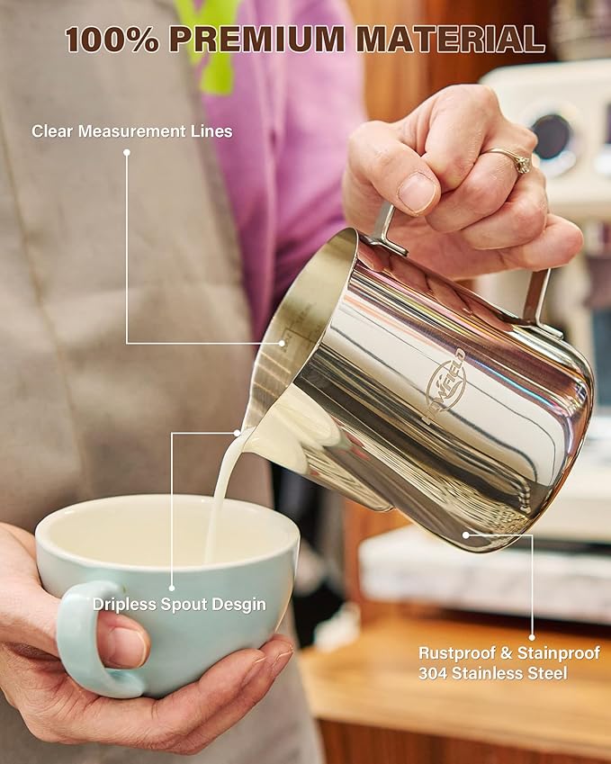 12oz Milk Frothing Pitcher, Stainless Steel with Latte Art Spout & Measurement Markings for Home Baristas, Silver