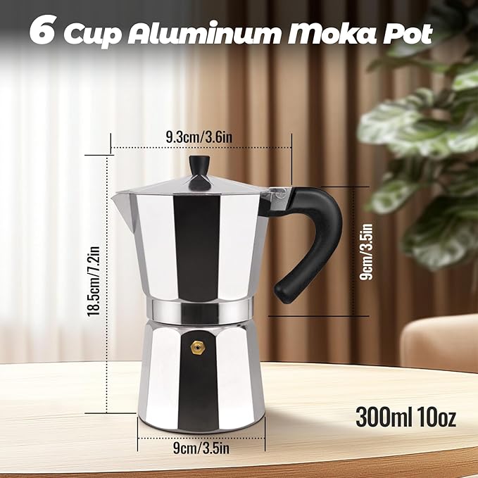 Vaolvpant 6 Cup Aluminum Moka Pot Classic Stovetop Espresso Coffee Maker 300ml 10oz Coffee maker Percolator Mocha Pot Greca Coffee Maker Cafe Makers for Italian and Cuban Café Brewing Silver