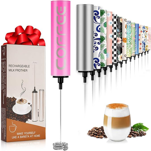 Milk Frother Handheld Rechargeable - 2-Speed Electric Whisk with 5 Detachable Heads (Frother/Mixer/Whisk) for Coffee, Latte, Cappuccino & Matcha, Drink Mixer (Flower 10)