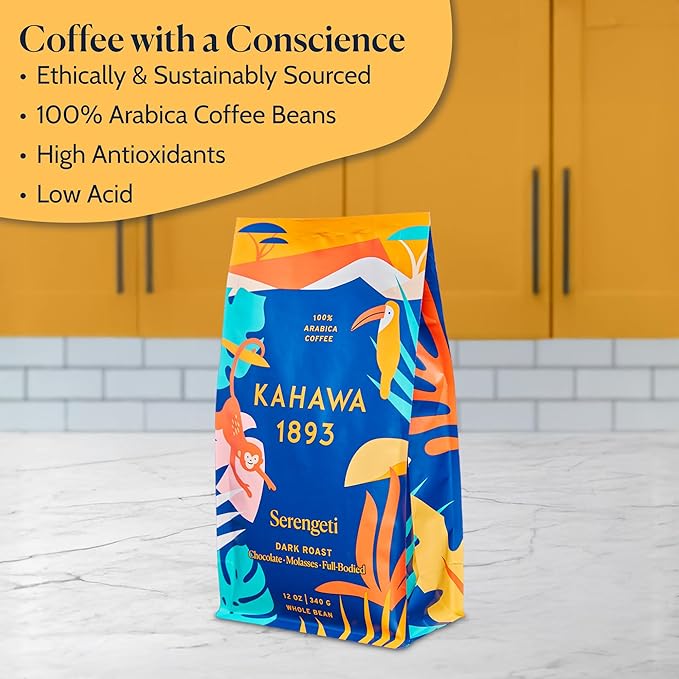 Kahawa 1893 Whole Bean Coffee Dark Roast Serengeti Blend 12 Oz - As Seen on Shark Tank, Low Acid, High Antioxidants, Naturally Sweet, Organically Grown, Ethically & Sustainably Sourced