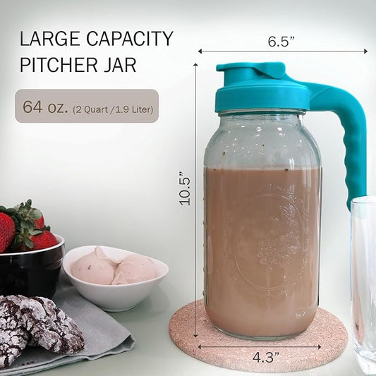 Mason Jar Pitcher - Airtight & Leakproof Glass Pitcher with Lid, Perfect for Breastmilk, Cold Brew Coffee, Sun Tea, Water & Drinks, 2 Quart (64 oz) Wide Mouth Mason Jar with Pour Spout Lid - Teal