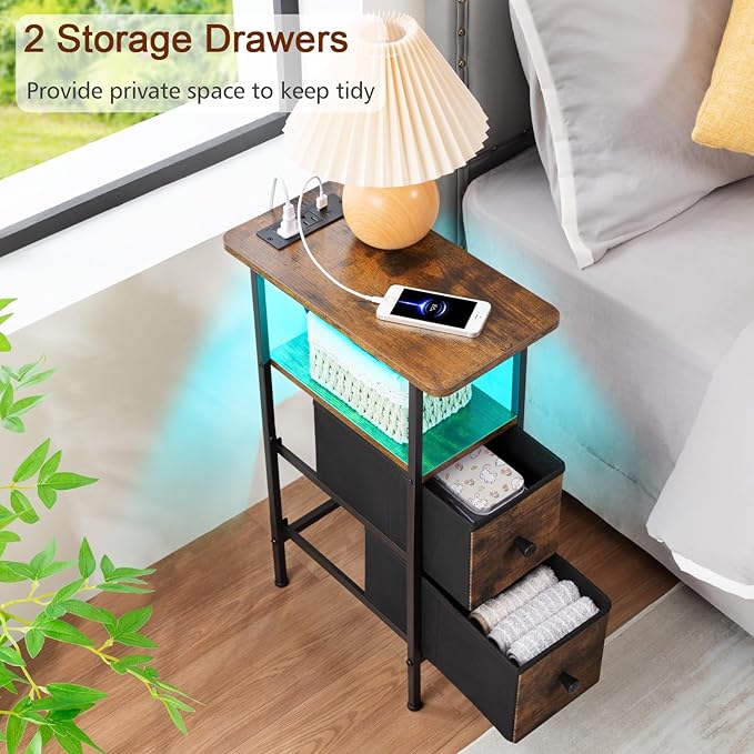 Narrow Nightstand with Charging Station, End Tables Living Room Set of 2, Skinny Side Table with Fabric Drawers, Small Sofa Table with LED Light for Bedroom, Brown, HETNDP02LBR