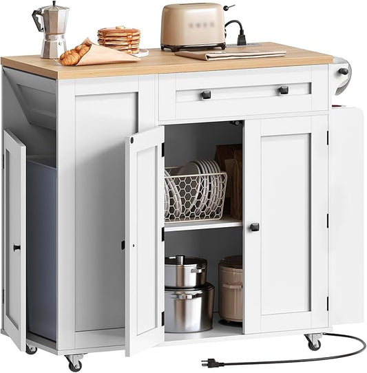 Kitchen Island with Storage, Mobile Rolling Cart with Trash Can Storage, Kitchen Island on Wheels, Rolling Island Table with Charging Station, Paper Holder, for Kitchen, White ZD02UWN