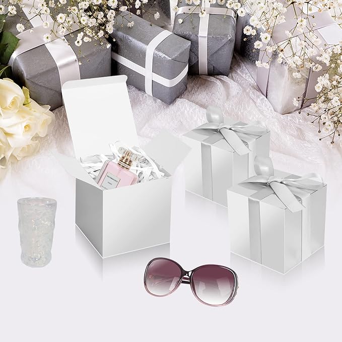 Silver Gift Boxes 5x5x5, 30 Pack Paper Gift Boxes with Lids for Gift, Bridesmaid Proposal Box, Cupcake Boxes, Gift Box for Wedding, Birthday, Groomsmen Proposal, Gifts, Packaging, Present