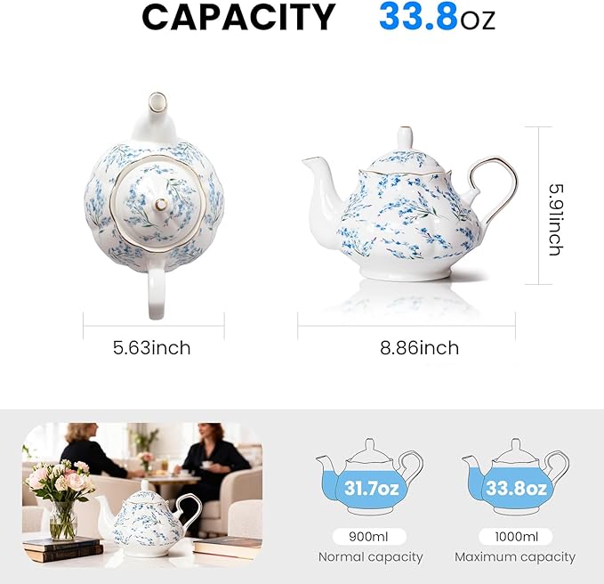 33.8 oz Porcelain Tea Pot Luxury Gold Trim Floral Ceramic Teapot Waterpot Tea Maker for Blooming Loose Leaf Tea Coffee Milk Chrismas Women Gift Housewarming Home Kitchen Décor (Blue Blossom)