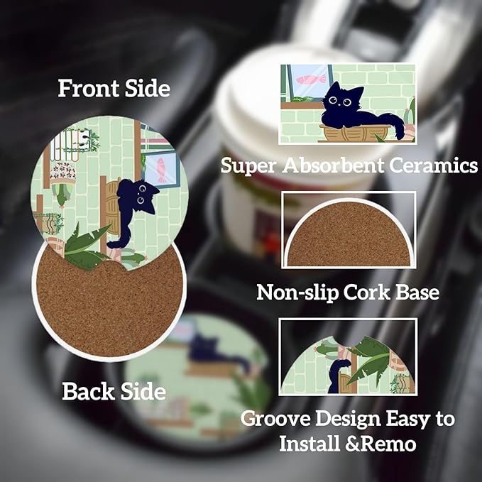 Car Cup Holder Coasters, 2 Pcs Ceramic Coasters with Finger Slot and Cork Back, Anti-Slip Shock Absorbing Women and Men Universal Car Accessories - Bookshelf Cat