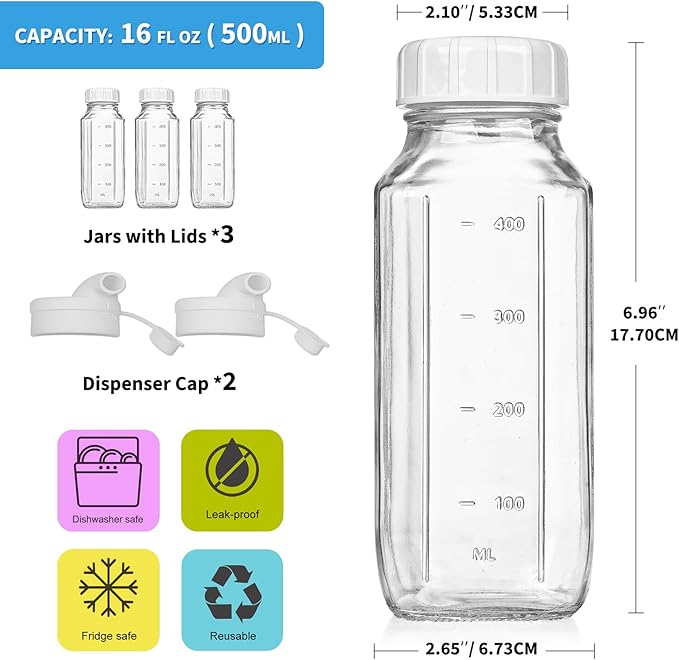 Syntic Glass Juice Bottles with Lids, 3 Pack Clear Glass Water Bottles w 2 Pour Spouts, 16 Oz Reusable Milk Jug w 100% Airtight Cap and Scale for Juicing Containers, Breast Milk Storage, Drinking Jar