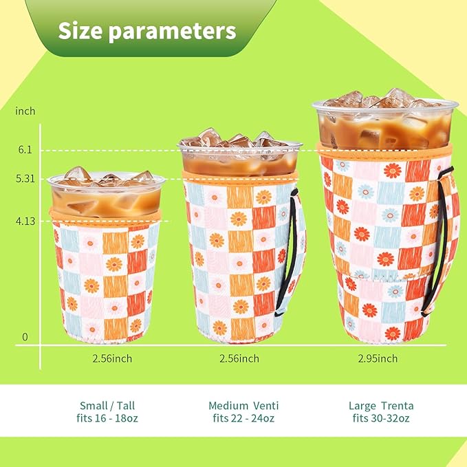 3 Pack Iced Coffee sleeve Insulated Neoprene Cup Sleeves with handle For Cold Drinks Beverages, Reusable Cup Holder for 16oz-32oz Coffee Cups (Groovy Flowers)