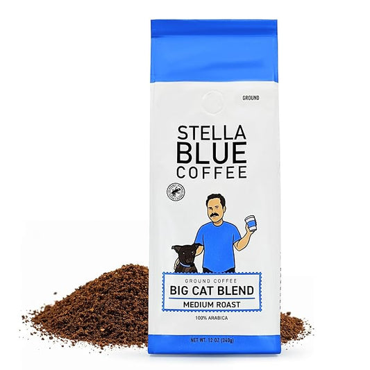 Stella Blue Ground Coffee, Big Cat Blend, Medium Roast, Fresh Coffee Ground 100% Arabica, Smooth Balanced Roast with Distinct Flavor Notes, Ethically Sourced Coffee Beans, 12 oz Bag