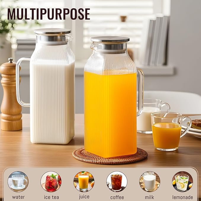 2 Pack 2 Liter/68 oz Square Glass Pitcher with Lid, Classic Stripes Water Pitchers with Handle for Fridge, Large Jug for Iced Tea, Borosilicate Glass Carafe for Hot/Cold Brew Drink, Silver