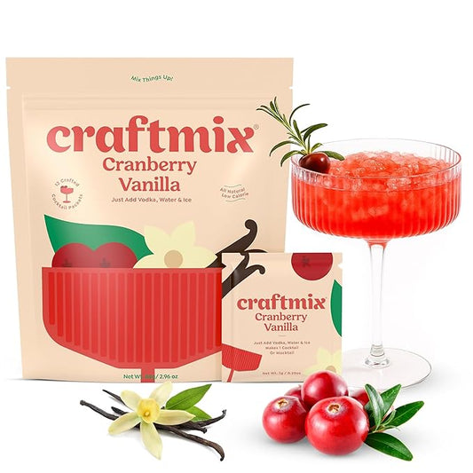Craftmix Cranberry Vanilla Cocktail & Mocktail Drink Mixer, Skinny Mixes - Water Flavoring Packets - Made With Real Fruit - Vegan, Low-Carb, Low-Sugar, Non-GMO, Dairy Free, Gluten Free, 12 Pack
