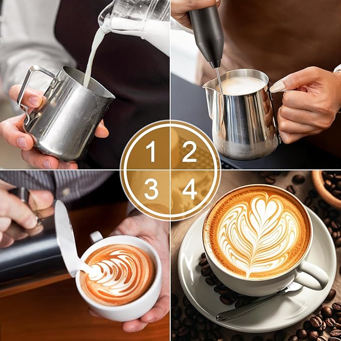 Powerful Milk Frother - Electric Handheld Milk Foam Maker with Stand, Milk Jug and 2 Stainless Steel Whisks, Rechargeable 3 Speeds for Coffee Lattes Cappuccino Matcha（Black）