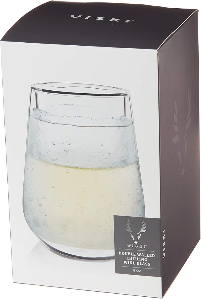 Viski Glacier Wine Glass, Double Walled Chilling Wine Glass, Active Cooling Gel, 8 Ounces, Clear Glass, Chilling Technology, Set of 1