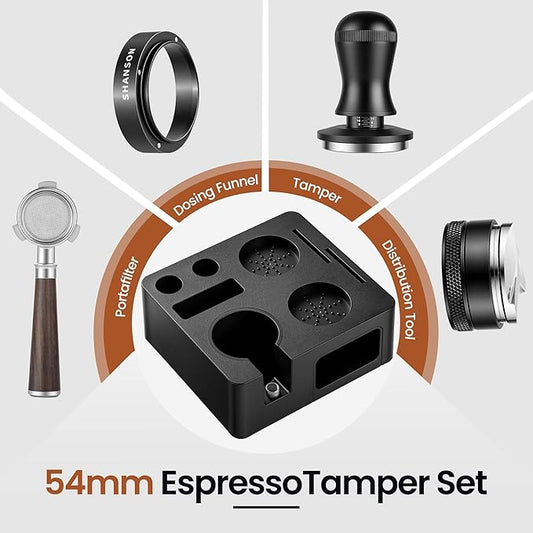 ShanSon Espresso Accessories Kit,7-in-1 54mm Compact Espresso Tamper Set: Espresso Tamper, Distributor, Bottomless Portafilter, Dosing Funnel,Station
