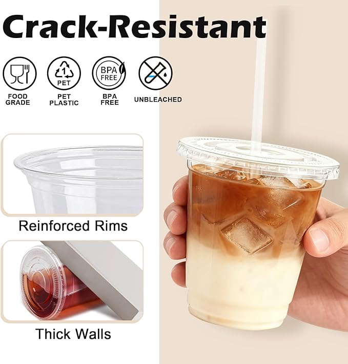 Lamosi 100 Pack 12 oz Clear Plastic Cups with Lids and Straws, Disposable Plastic Coffee Cups with Lids for Iced Coffee, Cold Beverages, Smoothies and To-Go Drinks