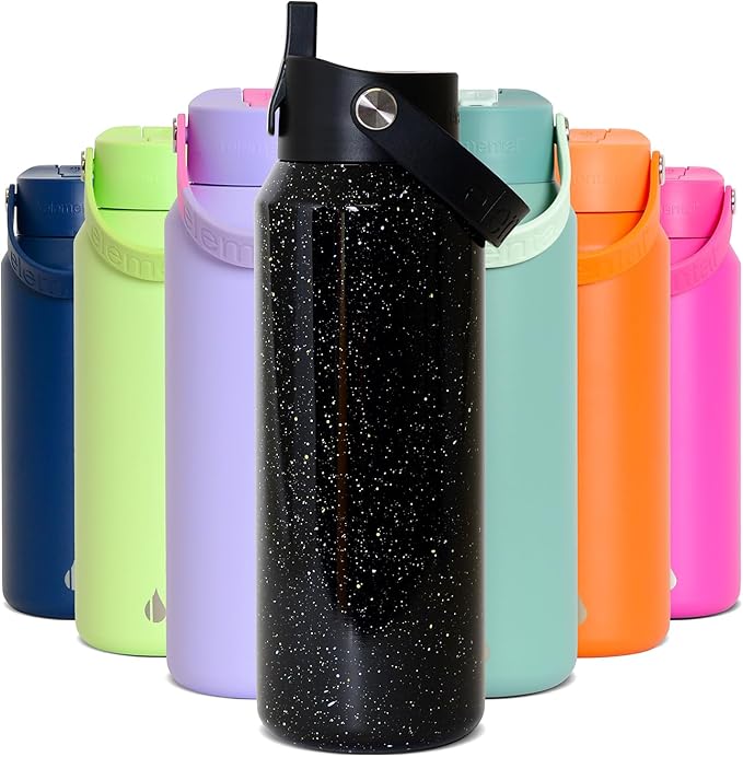 Elemental 40oz Insulated Water Bottle with Straw - 100% Leak-Proof Stainless Steel Core Water Bottles for Travel, Sports and Gym - Double Wall Insulation & BPA Free - Black Speckle