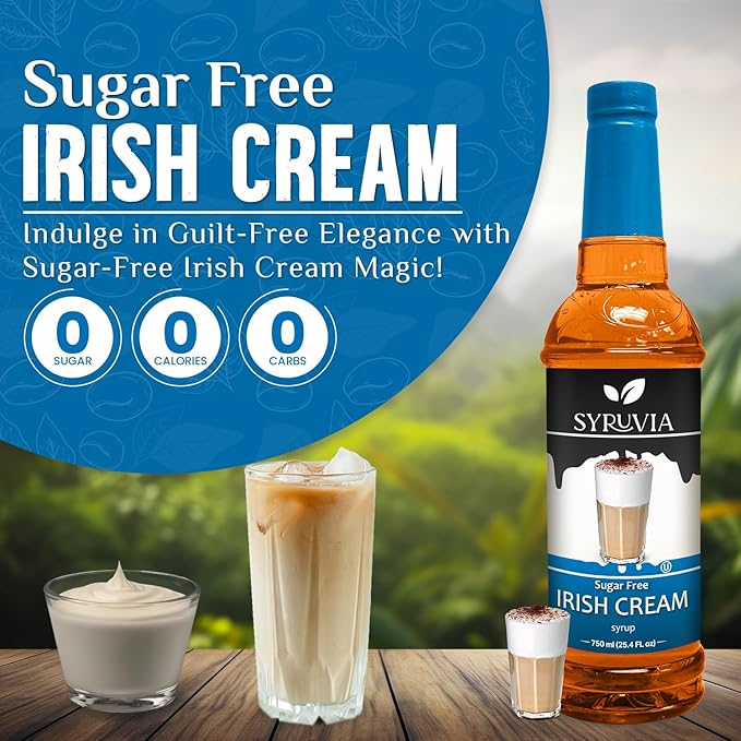 Syruvia Sugar Free Coffee Syrup, Irish Cream Flavored Syrup for Drinks, Lattes, and Desserts – 25.4 fl oz, With Pump