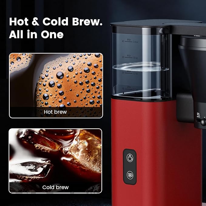 Kismile 8-Cup Drip Coffee Maker,Rapid Heating System for Seconds Brewing,Automatic Pour Over Coffee Machine,Detachable Water Tank,Dishwasher Safe,Adjustable Flow Control,Hot & Iced,Red