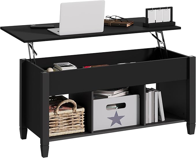 Yaheetech Coffee Table, Lift Top Coffee Table w/Hidden Storage Compartment & Lower 3 Cube Open Shelves, Lift Tabletop Center Tables for Living Room/Reception Room/Office, Black