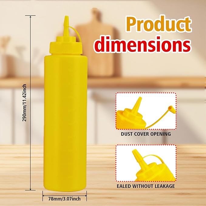 Squeeze Bottles for Sauces,Leak-Proof Condiment Dispenser, BPA-Free Kitchen Restaurant Squeeze Bottle Set with Wide Mouth for Ketchup, Mustard,Syrup,Dressings (Yellow, 6Pack-32oz(900ml))