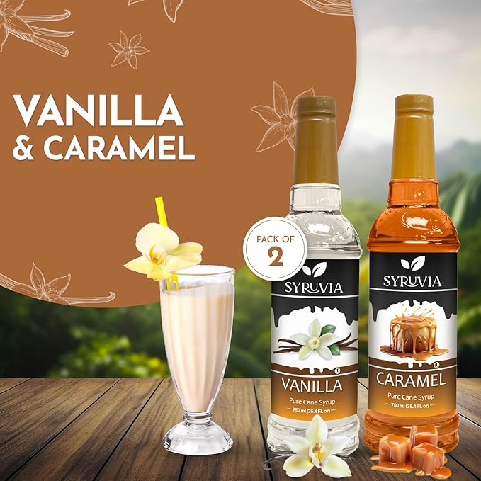 Syruvia Coffee Syrup Variety Pack - Vanilla & Caramel- Gluten-Free, Kosher, 25.4 fl oz Bottles - Enhance Your Coffee Experience with Premium Flavoring Syrups