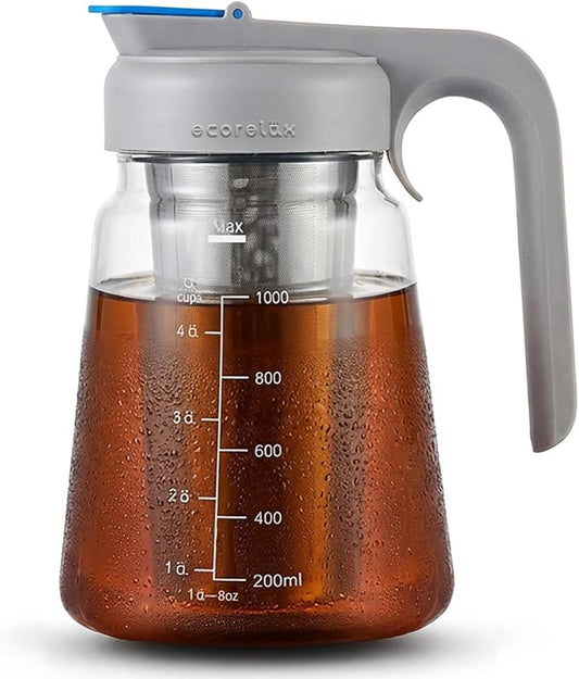 ECORELAX Cold Brew Coffee Maker,High Transparency Borosilicate Glass Container with Stainless Steel Filter, Iced Tea Pitcher with Lid,Modern Style, Ergonomic Handle,Spill-proof Lid (（Gray 32oz)