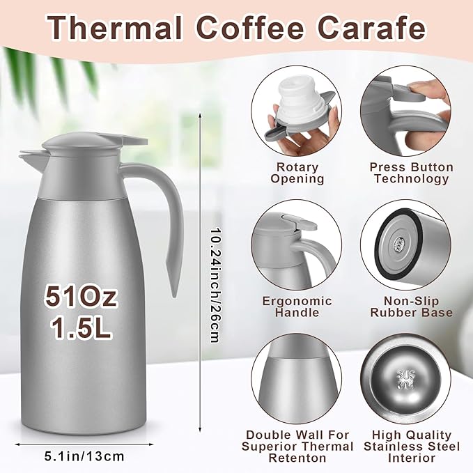 Norme 2 Pcs Thermal Coffee Carafe Insulated Stainless Steel Coffee Carafe for Hot Liquid Vacuum Thermal Pot Creamer Pitcher Dispenser with Brushes Keeping Hot Water Milk(Gray,51 oz)