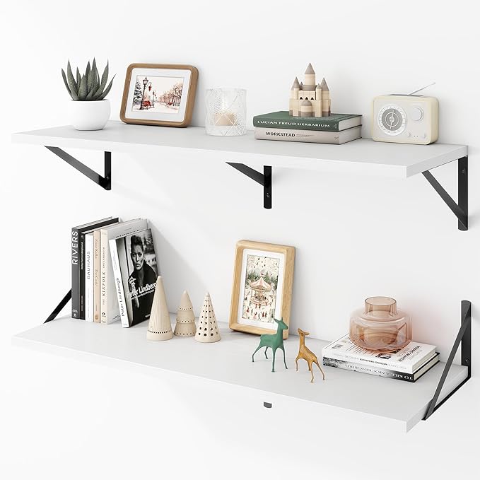Deep Floating Shelves Wall Mounted, 36"x12" White Wall Shelves with Brackets Set of 2 for Bedroom, Living Room, Bathroom, Kitchen, Office - Storage & Display Shelf for Decor, Books, Plants