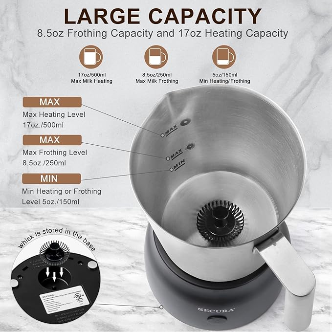 Secura Detachable Milk Frother and Steamer, 17oz Electric Milk Warmer with Glass Jug, 4-in-1 Hot & Cold Foam Maker for Latte, Cappuccinos & Hot Chocolate, Dishwasher Safe, BPA & Teflon-Free Design