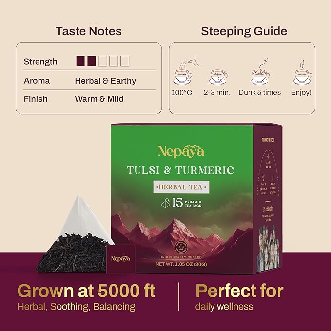 Nepaya Tulsi & Turmeric Herbal Tea – 15 Pyramid Tea Bags, Holy Basil Blend with Cinnamon & Black Pepper, Biodegradable, Caffeine-Free, Himalayan Tisane