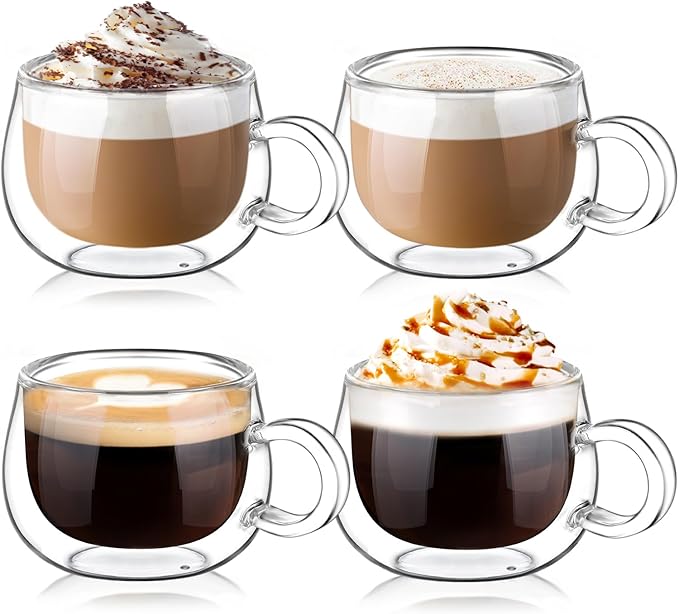 glastal Espresso Cup Set of 4, 4 Oz (full capacity) Double Wall Glasses Espresso Coffee Glass Cups, Small Coffee Glasses Tea Cups with Handle for Iced Americano, Macchiato, Birthday for Mum Dad