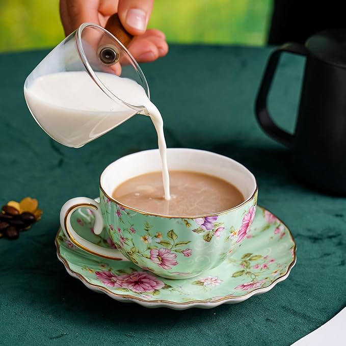 Tea Cup and Saucers, 6.4oz Floral Tea Cups with Gold Trim, Porcelain Teacup, Coffee Cappuccino Espresso Latte Mugs for Party Birthday,Party Cafe Home, Christmas Gift (Green)